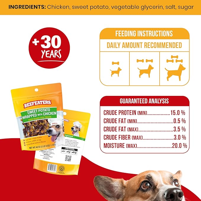 Beefeaters Sweet Potato Wrap with Chicken – Dog Treat. No Corn, Wheat, Soy or Gluten, Low Fat, Whole Muscle Jerky, Ideal for Training & Snacks