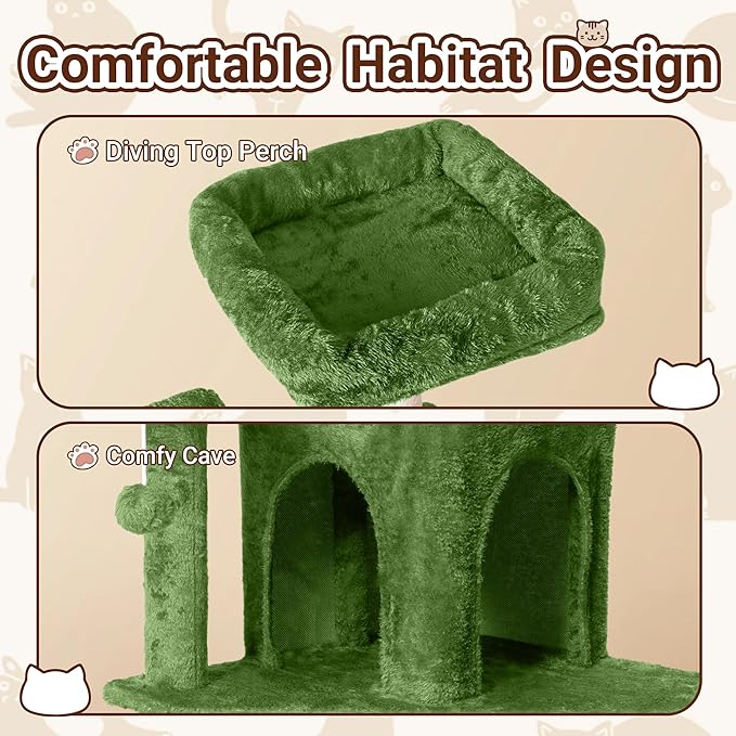 Cat Tree, 54-Inch Cat Tower for Indoor Cats,Plush Multi-Level Cat Condo with Scratching Posts, Basket, Perches,2 Caves,2 Pompoms(Green)
