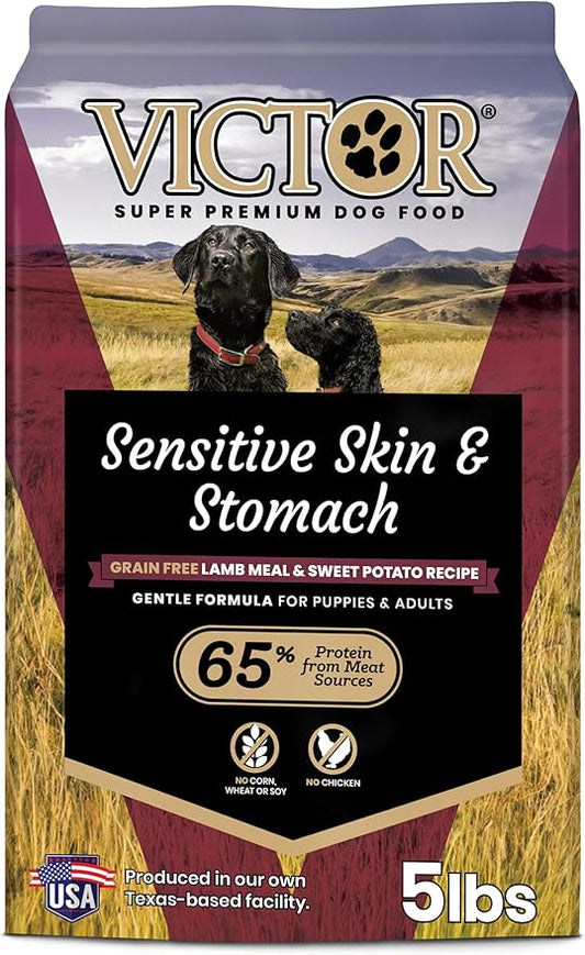 VICTOR Super Premium Dog Food— Sensitive Skin and Stomach— Grain Free Lamb Meal and Sweet Potato Recipe Dry Kibble — Gluten Free, No Chicken, Ideal for Dogs with Allergies — Adult and Puppy Food, 5 lb