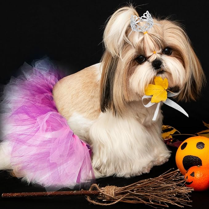 2 Pcs Dog Crown Headband Dog Tutu Dress Set Crystal Rhinestone Tiara Crown Tutu Skirt Pet Dress Costume for Puppy Birthday Party Wedding Photo Prop Costume(Small,Pink Purple)