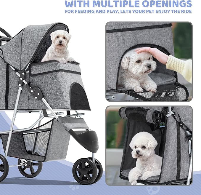 Magshion 3-Wheel Pet Stroller, Foldable Travel Jogger for Small & Medium Dogs & Cats (Up to 33lbs), Lightweight Carrier with Breathable Mesh Cover, Cup Holder & Storage Basket, Gray