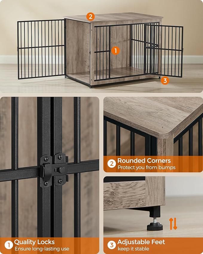 Feandrea Dog Crate Furniture, 43.3" Side End Table, Modern Kennel for Dogs Indoor up to 80 lb, Heavy-Duty Dog Cage with Enclosed Base, Double-Door Dog House, Greige UPFC024G01