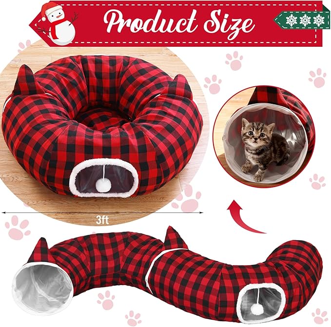 Christmas Cat Tunnel Bed with 8 Cat Toys Fluffy Plush Dog Tunnel Bed with Washable Cushion and Dangling Balls 3FT Multifunctional Playground for Small Medium Large Rabbit(Plaid,Red)