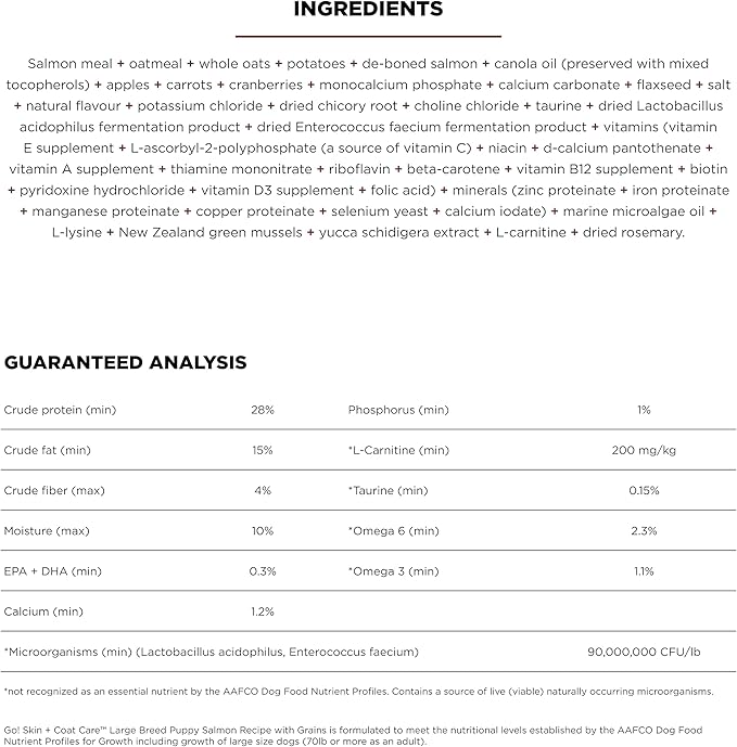 Go! Solutions Skin + Coat Care, Dry Dog Food, Large Breed Puppy Salmon Recipe with Grains, 25 lb Bag