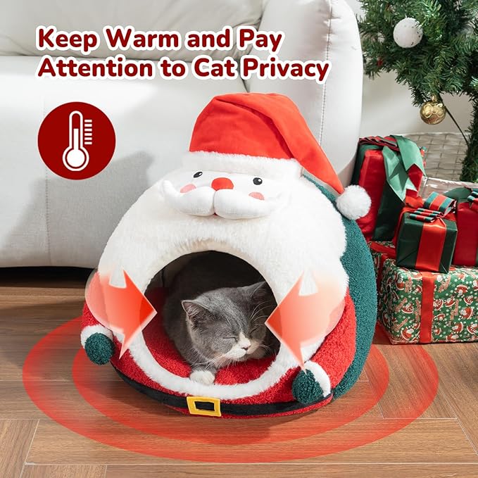 CATISM Christmas Cat Bed - Cat Bed for Indoor Cats, Cute Santa Claus Cat Beds with Warm Cushions Removable Cave with Non-Slip Bottom