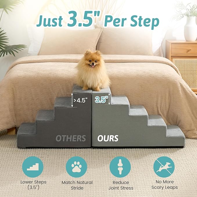 Slope Dog Stairs for Small Dogs 17.7" H, Pet Steps for Bed, Couch with Certified Foam, Non-Slip Dog Ramp Ladder for Puppy Older Cats, 5 Step, Grey