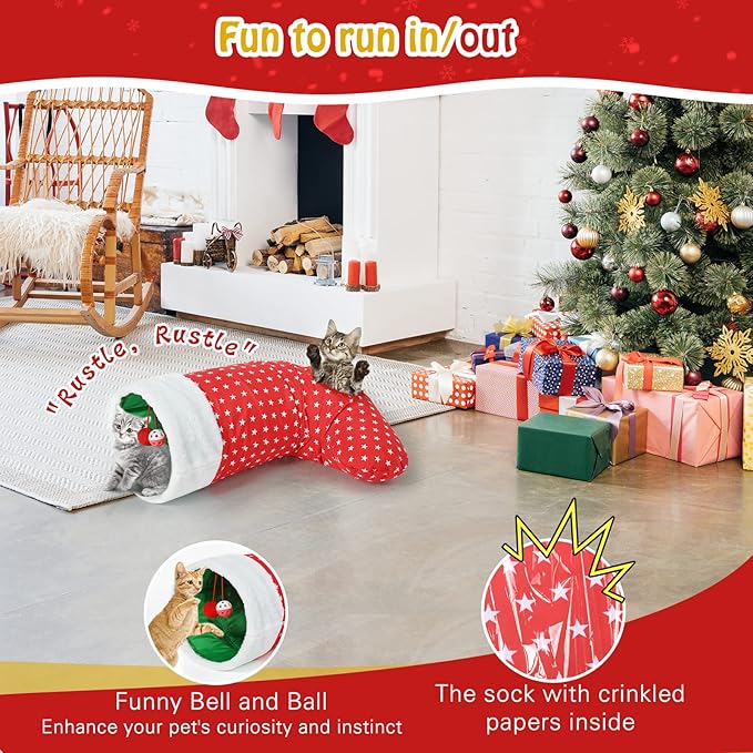 Pawaboo Cat Tunnel Christmas Sock with Bell Balls, Upgraded 2 Way Cat Tunnel Interactive Toy for Christmas, Pet Xmas Stocking with Crinkle Paper & Strong Spring-Steel Frame for Cat Kitten Kitty, Red