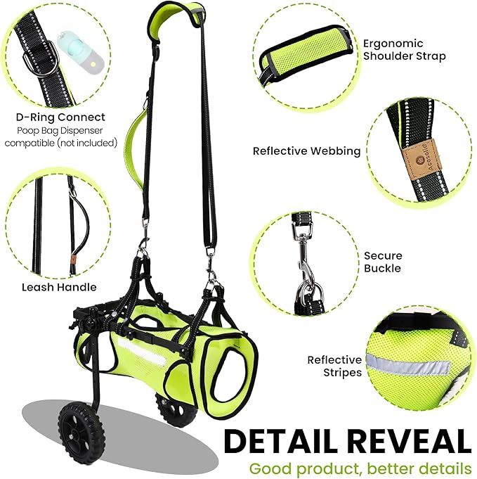 Upgraded Dog Wheelchair for Back Legs - Lightweight Mobility Cart for Small Breed Dogs with Disabled, Injured, or Arthritic Hind Legs - Includes High-Visibility Vest, Leash & Sling Lift -Medium