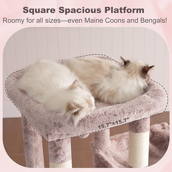 Heybly Heavy Duty Cat Tree, Tower for Indoor Cats Large Adult, Tall Cat Condo House with Extra-Large Baseboard, Multi-Level Plush Furniture with Scratching Posts, Hammock,Toy Balls,Muchroom HCT026MU