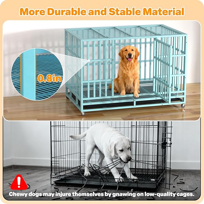 Heavy Duty Indestructible Dog Crate 48 Inch with Removable Tray, Sizes & Colors Optional, Escape Proof Double Door High Anxiety Cage Indoor, Kennel with Wheels for Large Dogs, XL XXL XXL