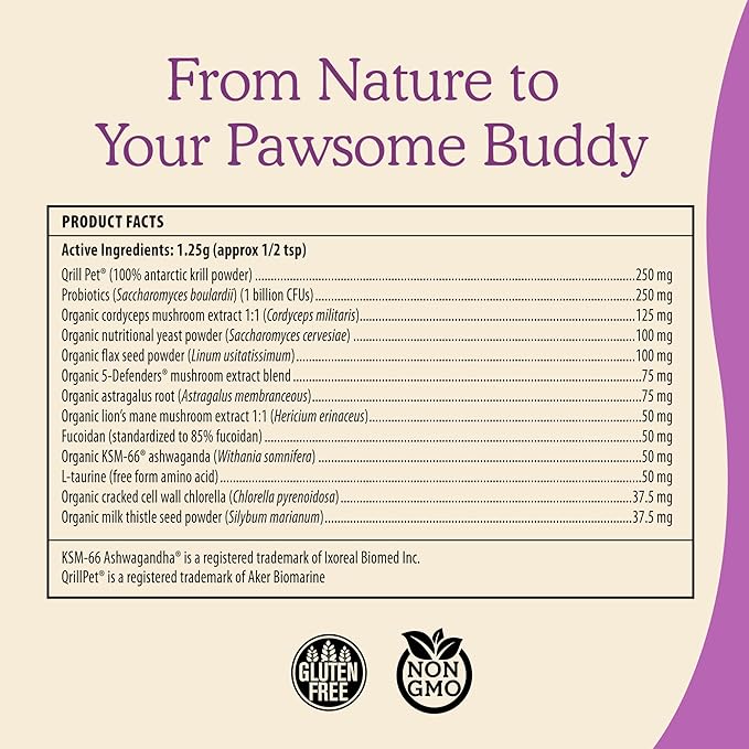 Real Mushrooms Cat Supplement Powder – Organic Mushroom Blend with Antarctic Krill & Ashwagandha – Cat Vitamins for Older Cats or Kittens – 2.65 oz Functional Feline Formula