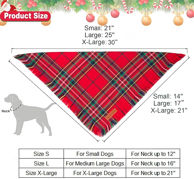 ADOGGYGO 2 Pack Dog Bandana Christmas with Tassels Edges, Stylish Red Green Plaid Pet Scarf Bibs Kerchief, Premium Cotton Fabric, Pet Christmas Bandanas for Large X-Large Dogs (X-Large)