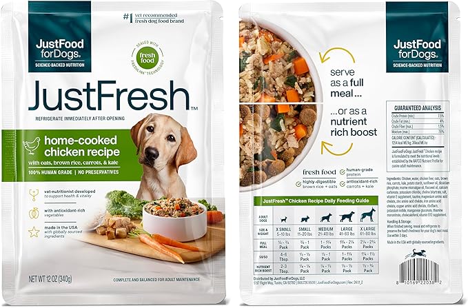 JustFoodForDogs JustFresh Wet Dog Food, Fresh Pet Meals and Toppers with No Preservatives, Resealable Package, Human Grade, Home-Cooked Beef and Chicken Variety, 12 oz - 7 Pack