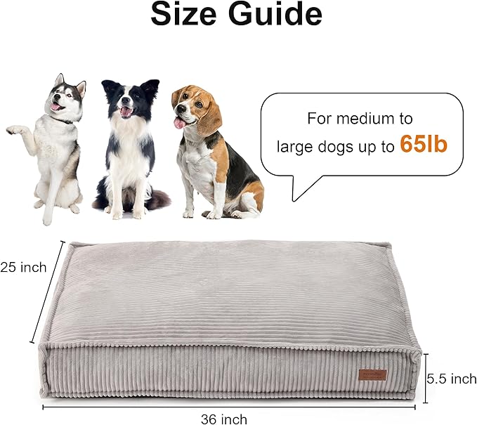 FUKUMARU Dog Bed, Thickened Corduroy Dog Beds Mat with Washable Cover, Large Waterproof Cotton Dogs Bed for Crate, Cozy Fluffy Pet Pillow Beds Kennel Pad with Non-Slip Bottom, 36inch, Light Grey