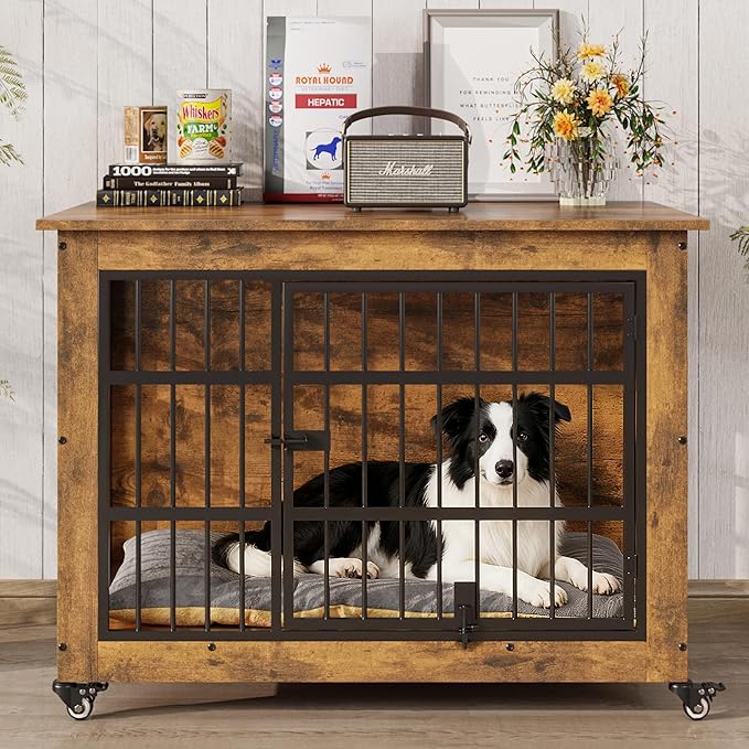 38.5" Dog Crate Furniture with Cushion and Wheels, Wooden Dog Kennel Indoor for Medium/Large Dogs, Farmhouse Pet Cage for Anxiety Dog, Rustic Brown (38.5" L x 25.5" W x 29" H)