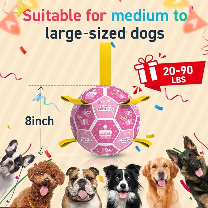 QDAN Dog Birthday Toys, Squeaky Dogs Toys, Dog Soccer Ball with Straps, Puppy Gifts, Herding Balls with Bell Inside, Water Toy, Durable Ropes Ball for Medium Large Dogs (8 inch)