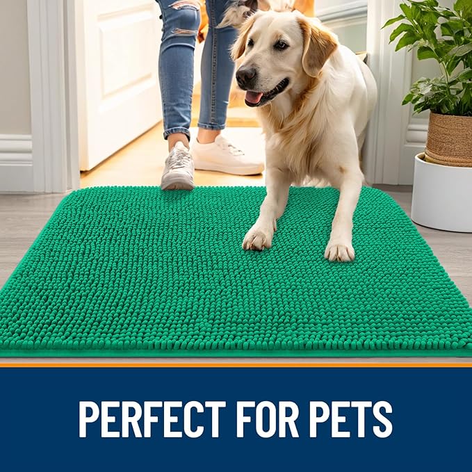 OLANLY Dog Door Mat for Muddy Paws 36x24, Absorbs Moisture and Dirt, Absorbent Non-Slip Washable Doormat, Quick Dry Chenille Mud Mat, Entry Indoor Entryway Carpet for Inside Floor, Emerald Green