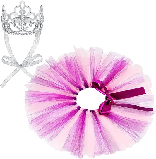 2 Pcs Dog Crown Headband Dog Tutu Dress Set Crystal Rhinestone Tiara Crown Tutu Skirt Pet Dress Costume for Puppy Birthday Party Wedding Photo Prop Costume(Medium,Pink Purple)