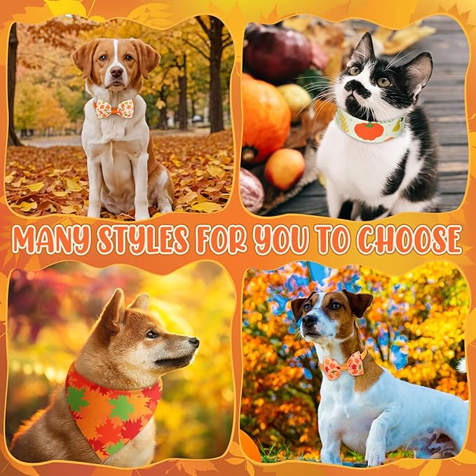 Sanwuta 100 Pcs Thanksgiving Fall Dog Bandanas Bulk and Collar Bow Ties Set 50 Autumn Bandanas 50 Fall Dog Collar Pet Maple Leaves Pumpkin Triangle Pet Scarf Bowtie for Small Medium Large Costume