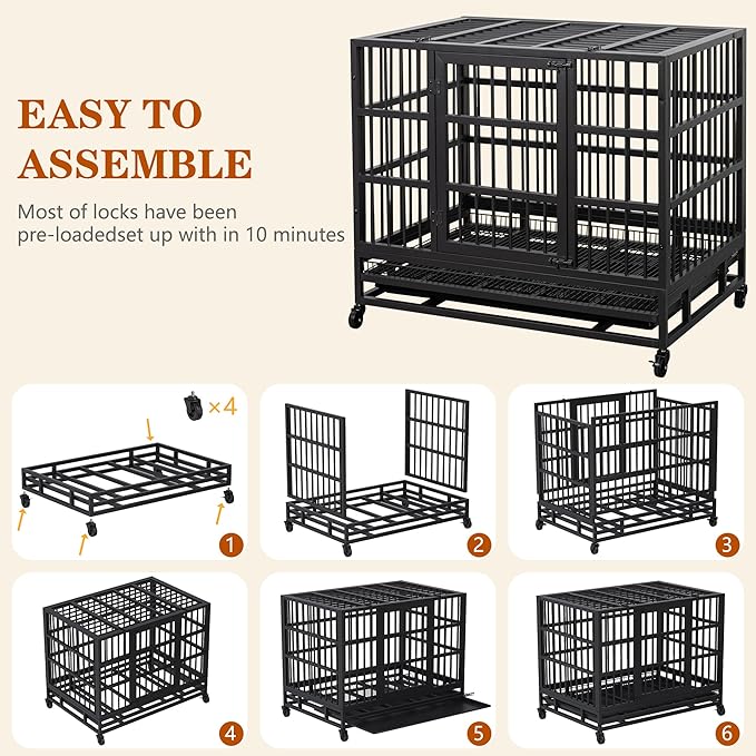 Vongrasig 48/38 "Heavy Duty Indestructible Dog Cages Double Door Escape Cage Kennel, Reinforced Metal Pet Cage, Oversized XL XXL Cage for Large Dogs with Removable Tray