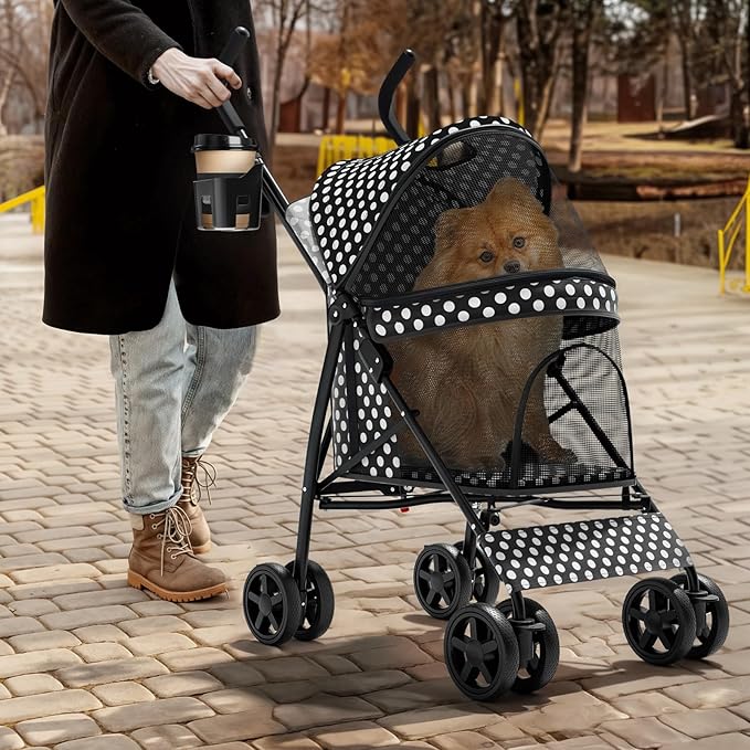 Magshion Compact Pet Stroller for Small-Medium Dogs/Cats up to 22lbs, 4-Wheel Lightweight Umbrella Shaped Portable Puppy Travel Jogger with Breathable Mesh, Cup Holder & Rear Storage, Black Polka Dots