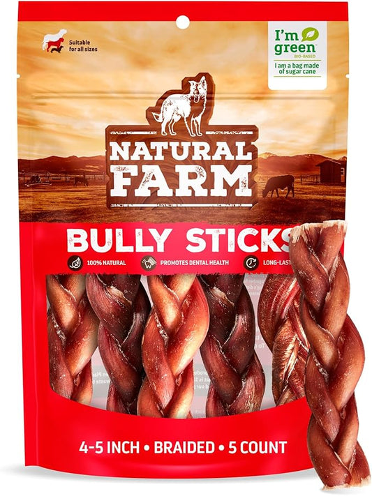 Natural Farm Odor-Free Braided Bully Sticks (4-5 Inch, 5 Pack) - 100% Grass-Fed Beef, Grain-Free, Low Fat & Fully Digestible Best Dental Treats, Safest Long Lasting Pizzle Chews to Keep Your Dog Busy