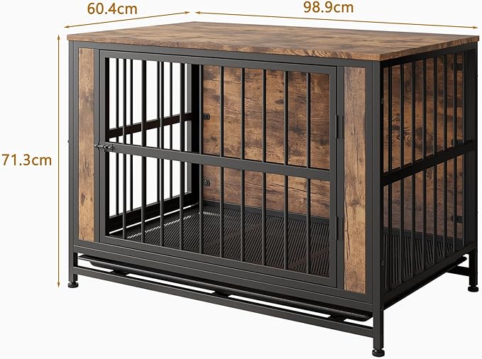 Dog Crate - Metal & Wooden Kenel with 3 Doors for Indoor, Medium/Large Dogs - Heavy Duty, Rustic Black & Brown