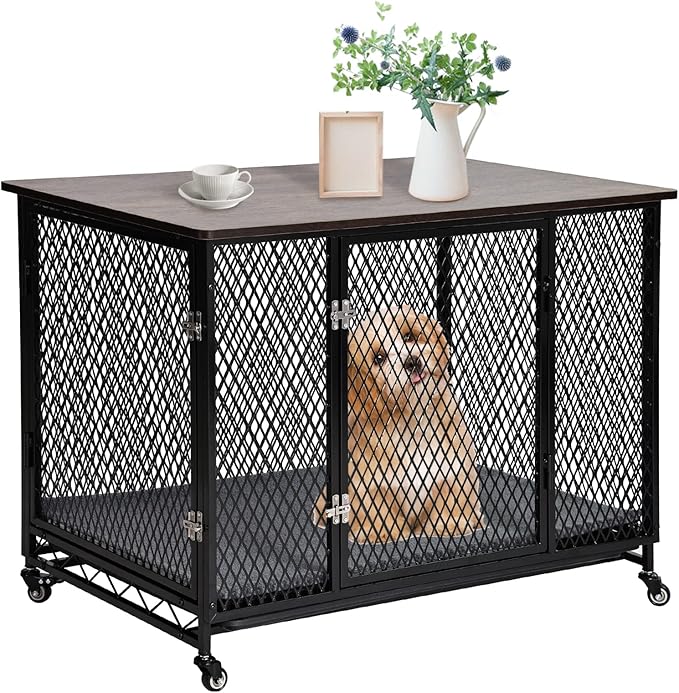 Dog Crate Furniture with Cushion, Wooden Dog Crate Table, Modern Kennel for Dogs Indoor, Heavy-Duty Dog Cage with Multi-Purpose Removable Tray, 38.7" L