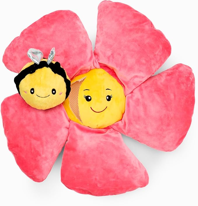 Flourish Pets 3 in 1 Multi-Layer Chew Toy for Active Dogs | Non-Toxic BPA Free Double Stitched Soft Fabric Exterior Dog Toys | Long-Lasting Dog Plush Toys - Small Pink Poppy 13"