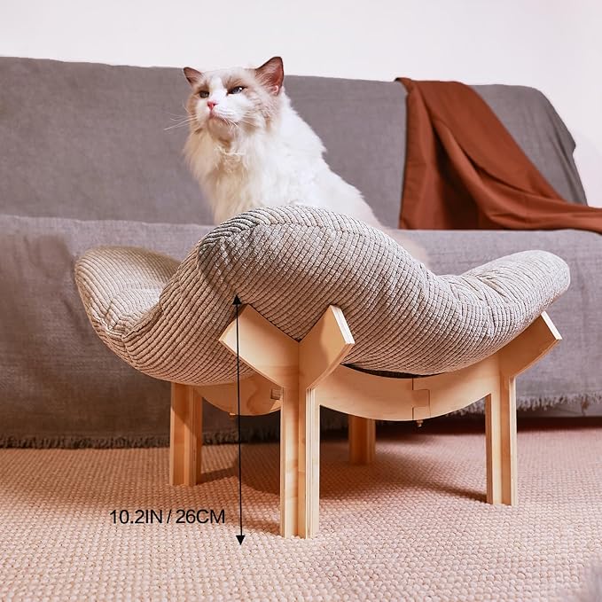 Wooden Elevated cat Hammock Bed, Featuring a Fluffy and Warm Cuddle Bed, Wooden Cat Furniture Can fit cat Scratch mat，Scratcher