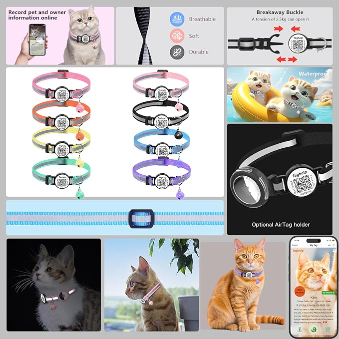 Smart QR Code Cat Collar 2-Pack, Breakaway Reflective Collar with Permanent Online Profile, Adjustable 7.5-12.5 Inch Safety Collar for Cats (Orang & Blue)
