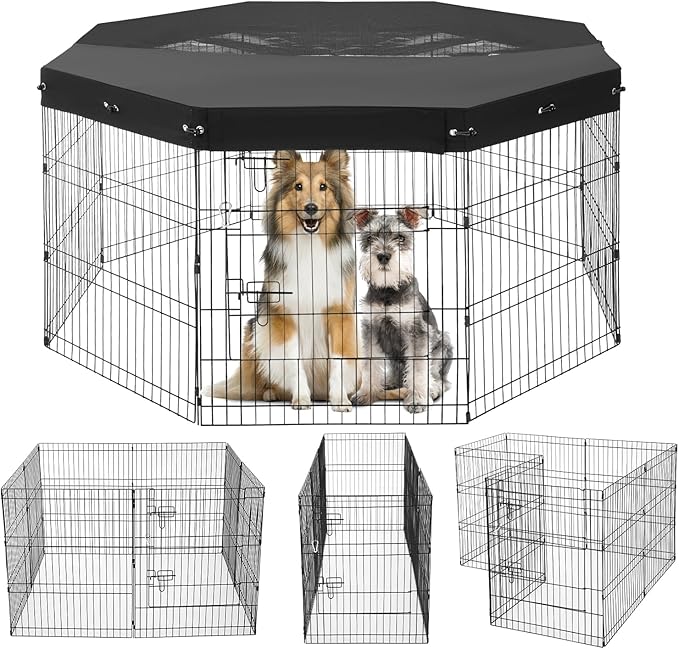 VEVOR Dog Playpen, 8 Pcs 30"H x 24"W Panels Foldable Metal Pet Exercise Pen, Dog Fence Indoor and Outdoor Pen with Door, 600D Oxford Fabric Top Cover, Pet Playpen for Dogs, Cats, Other Small Animals