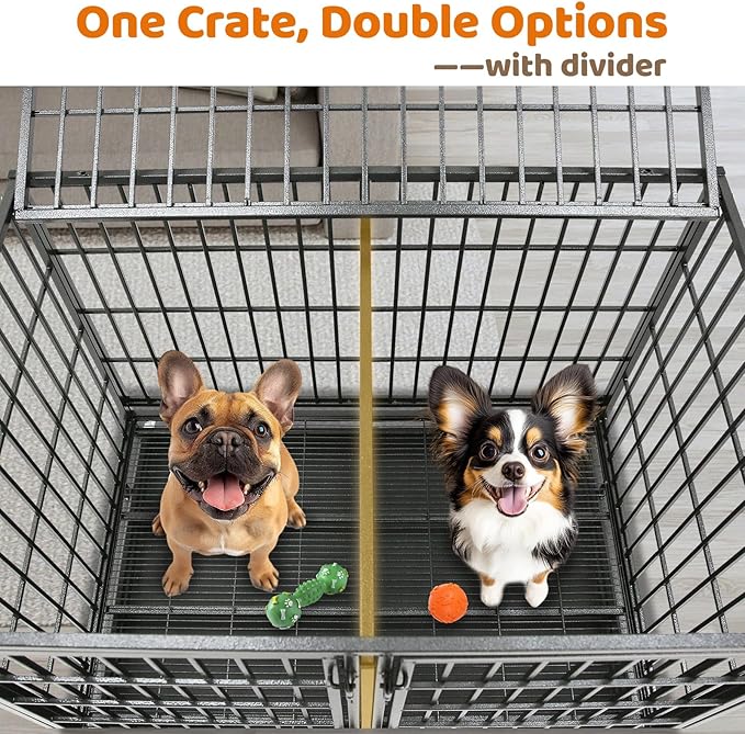 Homey Pet 43 Inch 2 Tiers Dog Crate Cage Kennel with Divider, Stackable Heavy Duty Dog Crate for Large Dogs, Escape Proof Indestructible Dog Kennel Indoor with Removable Tray, Lockable Wheels(4 Packs)