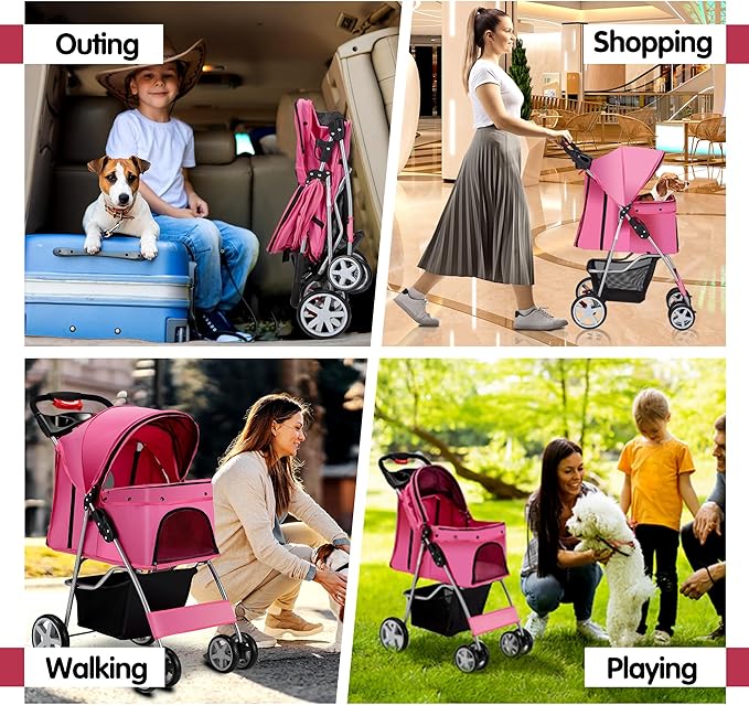 Pet Stroller, 4 Wheels Pet Strolling Cart for Medium/Small Dogs and Cats, Foldable Cat Jogger/Dog Stroller with Cup Holder, Storage Basket, Breathable Mesh, All-Season Pet Carrier, Pink