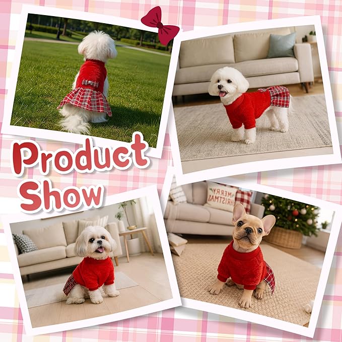 YUDODO Fleece Small Dog Sweater Dress with Bowtie, Female Fall Winter Warm Dog Clothes, Princess Sweater Dress for Small Dogs Girl (Red, Large)