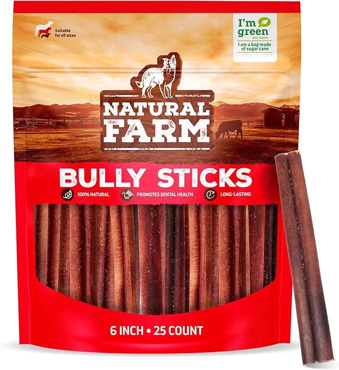 Natural Farm Odor-Free Bully Sticks (6 Inch, 25 Pack), 1.3 lb. Bag, Fully Digestible 100% Beef Pizzle Chews, Grass-Fed, Non-GMO, Grain-Free, Natural Long-Lasting Chews for Small & Large Dogs