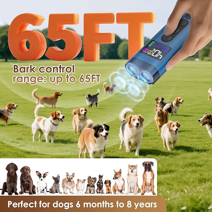 Dog Bark Deterrent Device – 65FT Range Anti Barking Device for Dogs, Stops Neighbor’s Dog Barking with 3 Ultrasonic Frequencies (25/30/40kHz) & 5 Sound Modes, for Indoor & Outdoor Training