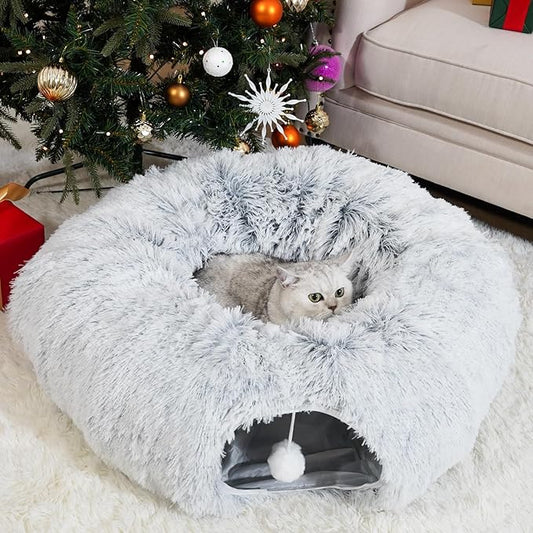 Cat Tunnels for Indoor Cats, Cat Tunnel Bed with Washable Cushion, Cat Tunnel Christmas Tree Skirt, Collapsible Donut Tunnel for Medium & Large Cat, Peekaboo Cave Toy, Gray