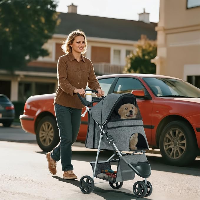 Cat Dog Stroller,3-Wheels Pet Stroller for Medium/Puppy Dogs 30 Lbs, Cat Strollers for 1 Cats, Foldable Dog Stroller with Storage Basket and Cup Holder, Breathable Mesh Grey