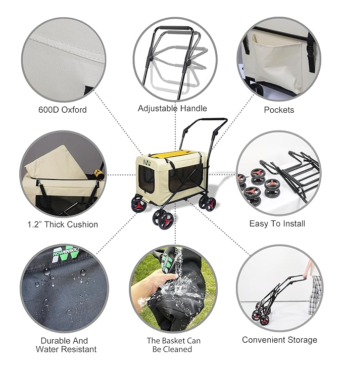 Pet Carrier with 4 Wheels, Detachble,Clean and Replace Pet Basket, Portable and Foldable Pet Travel Stroller for Small/Medium Dogs and Cats up to 66lbs, 4 in 1 Multifunctional (Beige+Yellow)
