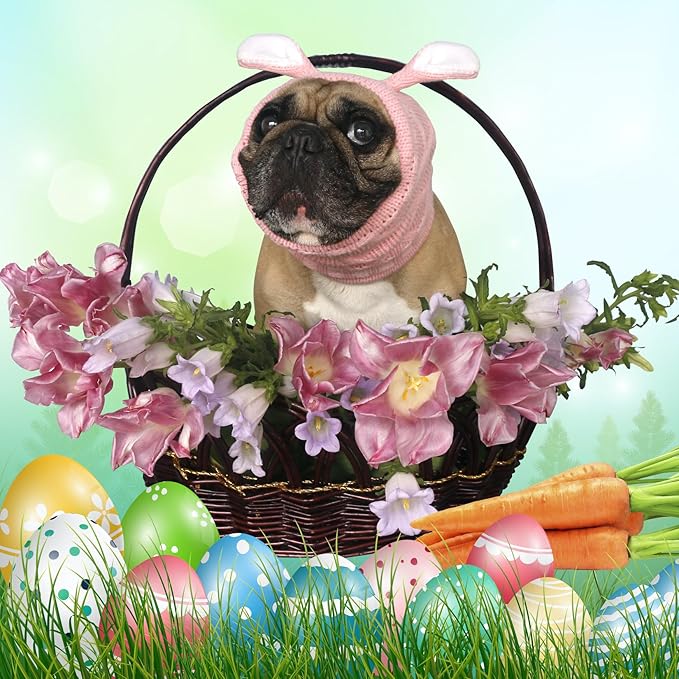 iChoue Dog Costume Ear Muffs Calming Hoodie Anxiety Relief Band Noise Canceling Headband Ear Protection Cover Force Drying Grooming Tool Knitted Snood Hood - Pink Easter Bunny, Large
