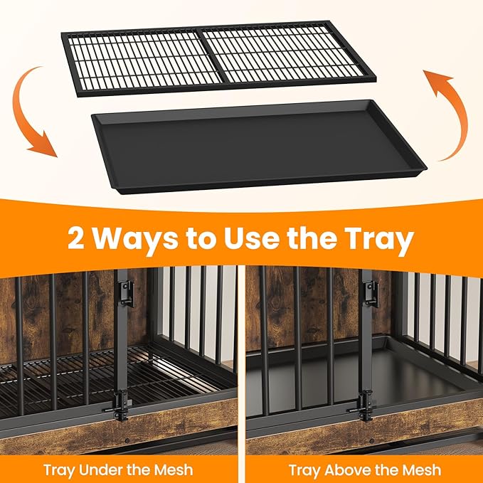 Dog Crate Furniture, Large Dog Crate Furniture, Wooden Cage Kennel Furniture Indoor, Modern Dog Crate with Multi-Purpose Removable Tray, Double-Doors Dog Furniture, Rustic Brown