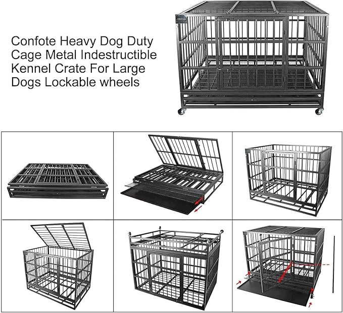 Confote 48" Heavy Dog Duty Cage Metal Indestructible Dog Kennels Crate for Large Dogs with Double Doors & Lockable Wheels