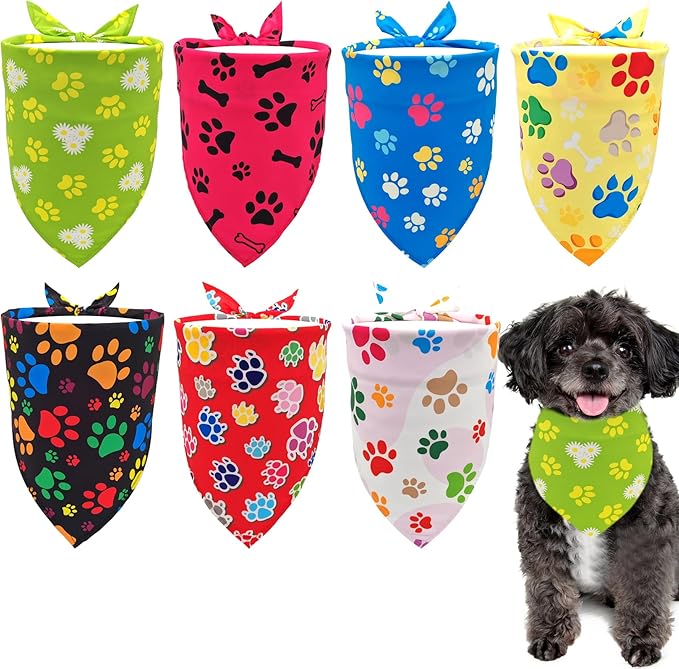 7 PCS Paw Print Dog Bandanas for Small Dog Stitching Edge Dogs Bandana for Puppy Doggy Print One Side Scarves Party Grooming S