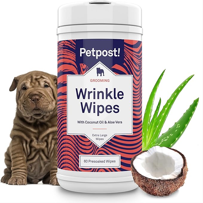 Petpost XL Wrinkle Wipes for Dogs | 60 Count Large 5x7 Dog Face & Wrinkle Cleaner | Gentle Pet Wipes with Coconut Oil & Aloe for Bulldogs, Pugs & Wrinkly Breeds | Dog Cleaning Wipes