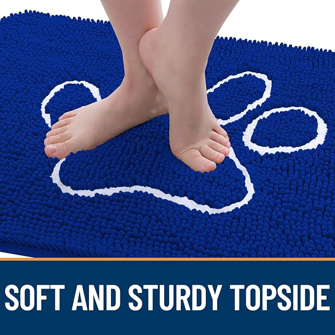 OLANLY Dog Door Mat for Muddy Paws 36x24, Paw Print Design, Absorbs Moisture and Dirt, Non-Slip Washable Doormat, Quick Dry Chenille Mud Mat for Dogs, Entry Indoor Entryway Carpet, Royal Blue