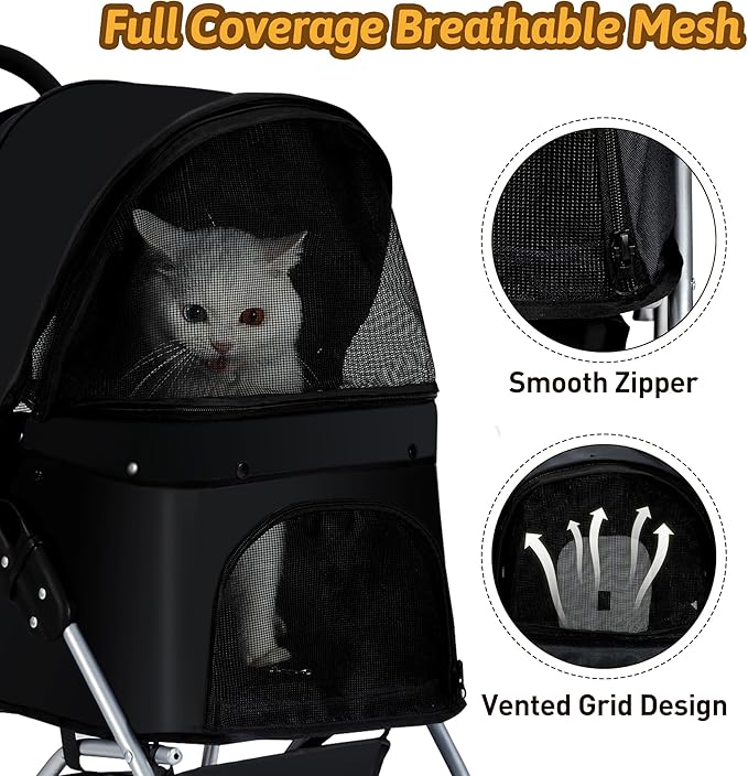 Pet Stroller, 4 Wheels Pet Strolling Cart for Medium/Small Dogs and Cats, Foldable Cat Jogger/Dog Stroller with Cup Holder, Storage Basket, Breathable Mesh, All-Season Pet Carrier, Black