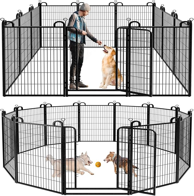 Dog Playpen Outdoor 12 Piece Panels Heavy Duty Dog Fence 47" Height Anti-Rust with Doors Portable for RV Camping Yard, Total 27FT, 58 Sq.ft, Snowy Black
