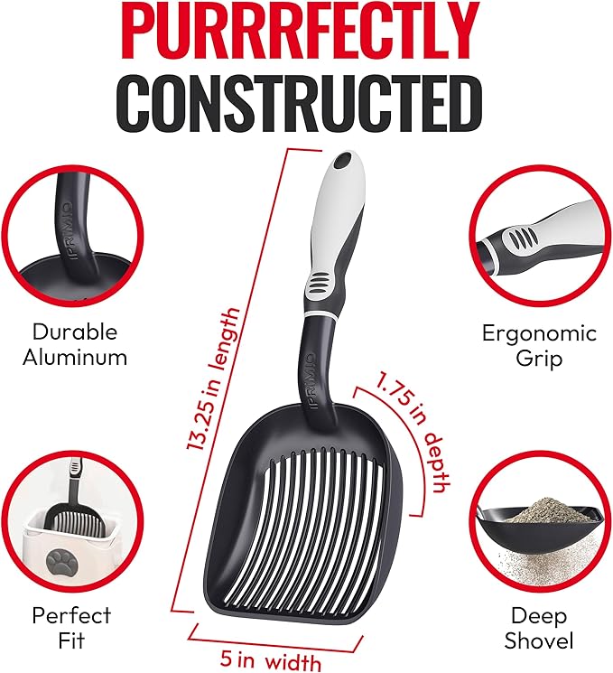 iPrimio Universal Cat Litter Scooper Holder and Black Litter Scooper Bundle - Non Stick Plated Durable Aluminum Cat Litter Scooper - Stable Scooper Holder - Kitty Litter Box Accessories