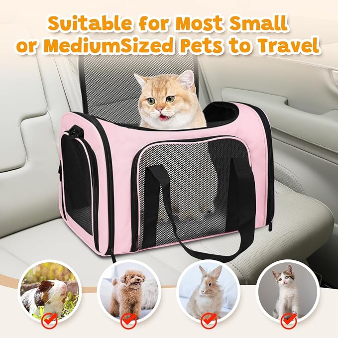 Airline Approved Pet Carrier 17"x11"x11" – Soft Sided Cat Dog Travel Bag for Small Pets up to 15 lbs, Portable Collapsible Pet Carrier Under Seat with Mesh Ventilation & Shoulder Strap(Pink)
